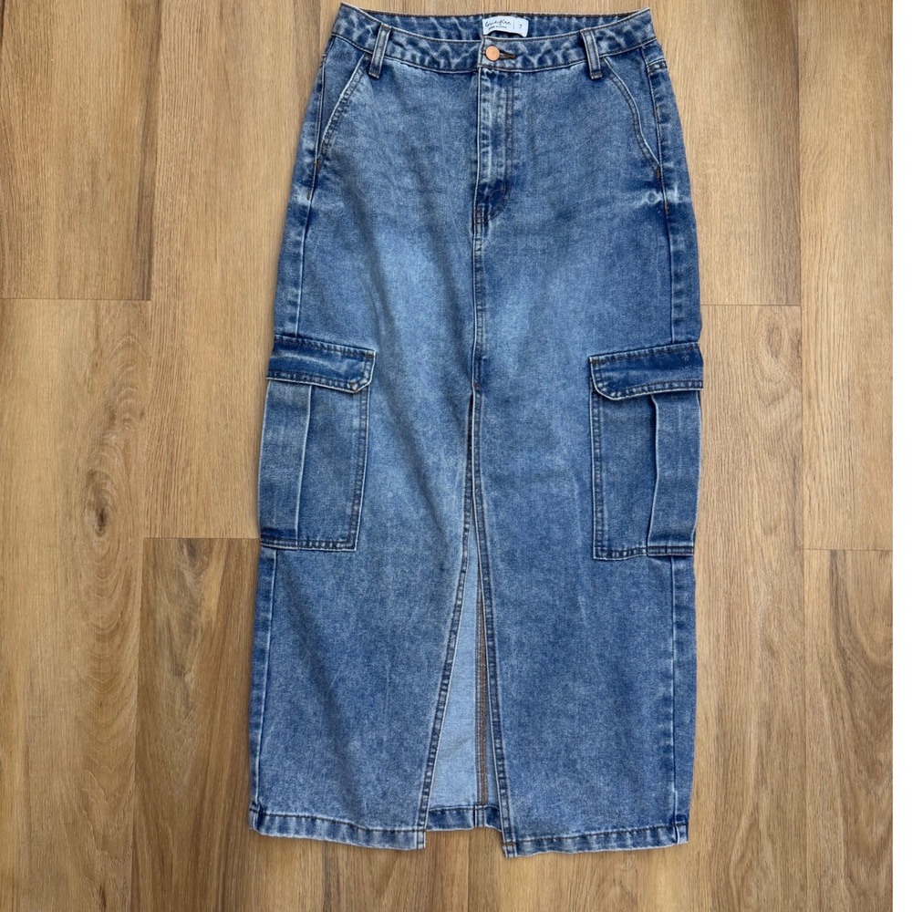 Denim Cargo Maxi Skirt High Waisted Front Slit preppy indie hippie - Picture 2 of 7